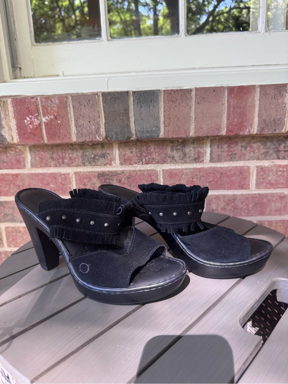 Born Black Suede Fringe Stud Platform Mules